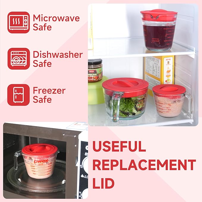 1 Pack Silicone Replacement Lids, Only Fit For Pyrex 2-Cup Tempered Glass Liquid Measuring Cups, Reusable & Food-Grade Silicone, Dishwasher & Microwave Safe (Cups not Included)