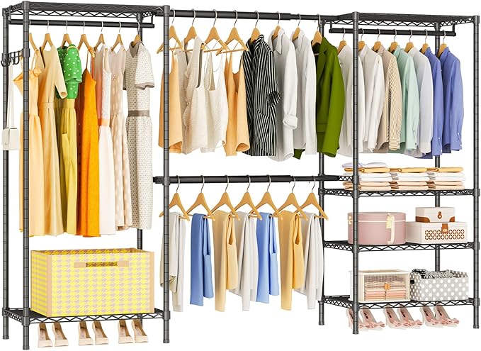 Heavy Duty Garment Rack, Portable Expandable Freestanding 4 Tiers Adjustable Wire Shelves Clothes Rack with 2 Retractable Poles, 70.9-86.6" L x 15.7" W x 76.8" H, Max Load 900LBS, Black