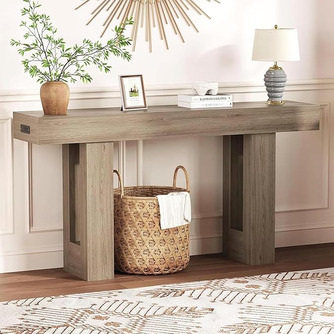 IDEALHOUSE 63" Entryway Table, Wood Console Table with Charging Station, Extra Long Sofa Table, Narrow Hallway Foyer Table for Entryway, Hallway, Living Room, Grey