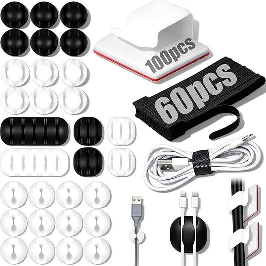 190-Piece Cable Management Kit, 100 R-Type Clips 60 Reusable Cable Ties 30 Multi-Slot Wire Holders, Self-Adhesive Cord Organizer for Desk, Under Desk, Nightstand, Gaming Setup, Office & Home