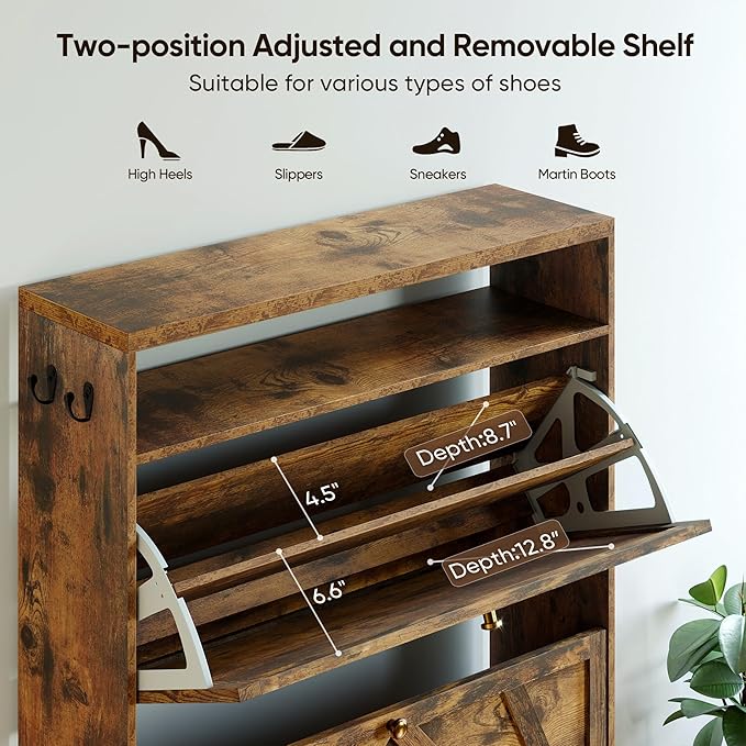 PARTPHONER Shoe Storage Cabinet with 2 Flip Drawers, Modern Hidden Shoe Storage Organizer, Narrow Wooden Freestanding Shoe Rack with Motion Sensor Light for Entryway, Hallway, Foyer, Rustic Brown