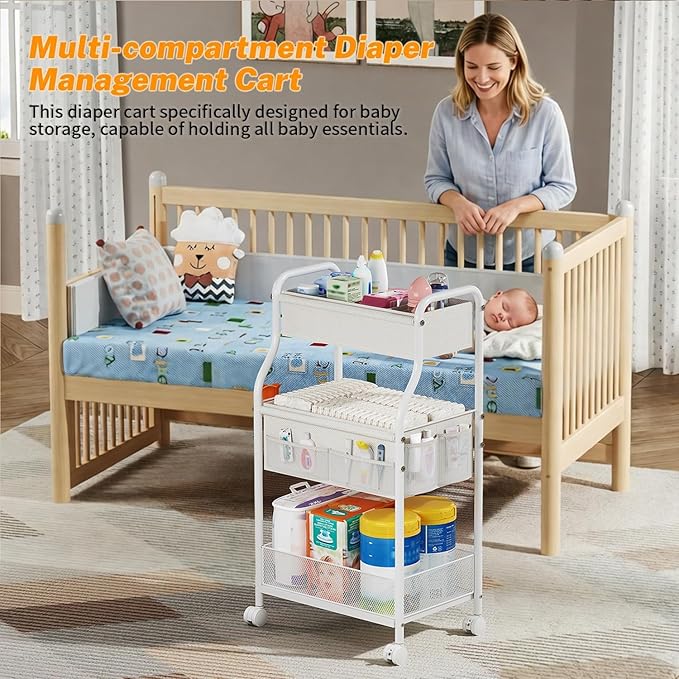3-Tier Diaper Caddy Organizer & Rolling Cart,Metal Utility Cart with 4+2 Dividers & Lockable Silent Casters, Mobile Storage Cart for Nursery Essentials, Multi-Purpose for Kidsroom Changing Table