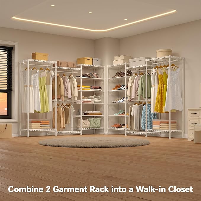 Higeego H12 Heavy Duty Clothes Rack with Adjustable 5-Tier Shoe Rack, Metal Clothing Racks for Hanging Clothes, Freestanding Shoe Organizer Large Garment Racks, 15.7" D x 68.7" W x 76.4" H, White
