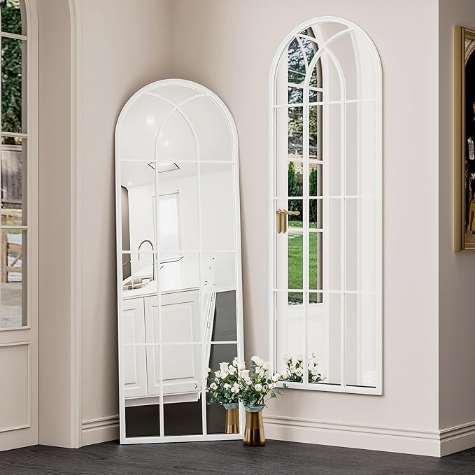 OGCAU Full Length Arched Floor Mirror, 65"x22" Window Pane Design, Decorative Hanging or Leaning, Full Body with Iron Frame for Bedroom Living Room (White)