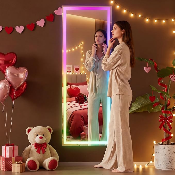 Hasipu 56"x15.7" LED RGB Full Length Mirror with Lights, Full Body Mirror with Stand, Wall Mount & Free Standing Floor Mirror for Bedroom Living Room Cloakroom, 7 Color & Brightness Adjustable