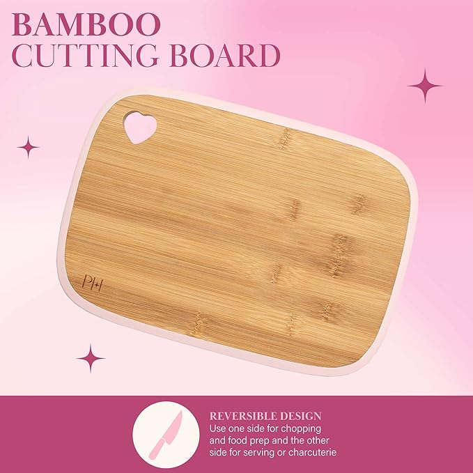 Paris Hilton Bamboo Cutting Board for Kitchen, Reversible Cutting Board and Cutlery Set with High Carbon Stainless Steel Knives and Blade Guards, Comfortable Handle Grips, 7-Piece Set, Gold and Pink