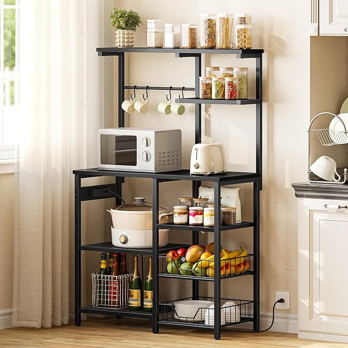 HOOBRO Large Bakers Rack with Power Outlets, 6-Tier Microwave Stand with 4 Hooks, Coffee Bar, Kitchen Shelf with Wire Basket, for Kitchen, Living Room, Office, Black BB64UHB01