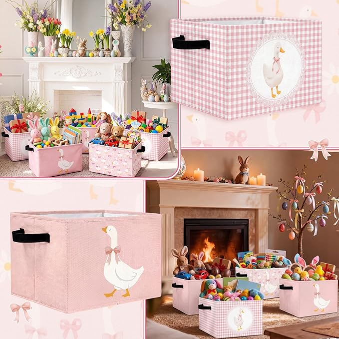 CHENGU 6 Pack Pink Silly Goose Storage Bin Cute Collapsible Storage Basket for Girl Large Foldable Laundry Box with Handle Decorative Clothing Basket for Girl Nursery Bedroom Home Baby Shower Birthday