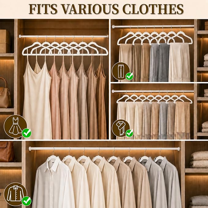 Velvet Hangers 50 Pack, Non Slip Clothes Hangers with Shoulder Notches, Slim Felt Hanger with 360° Swivel Hook, Space-Saving, for Coat, Shirt, Pants, Dress, Suits, White