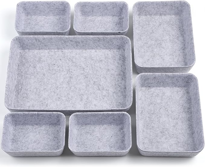 Desk Drawer Organizer,7 Pack Felt Drawer Organizer Shallow Drawer Organizers Felt Storage Bins (Light Gray)
