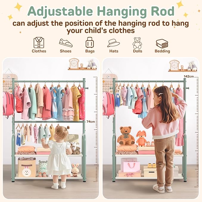 Kids Clothing Rack with 2-Layer Storage Shelf and 2 Adjustable Hanging Rods, Dress Up Rack for Hanging Clothes,Dress up Storage for Baby Toddle Kids(Classic, Green)