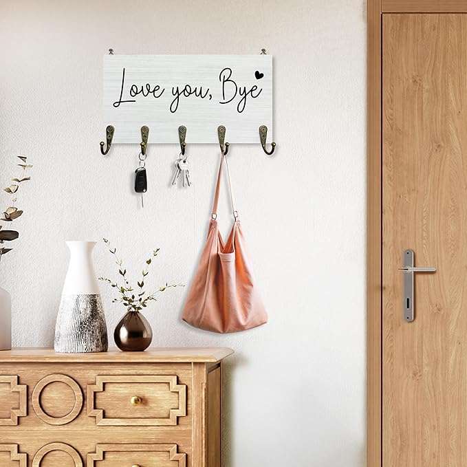 Love You Bye Sign Key Holder for Wall 10"x5.12", Love Sign Key Hanger Wall Mount, Housewarming Valentines Gifts for Couples Family Wooden Hanging Keys Holder Decor for Entryway Front Door