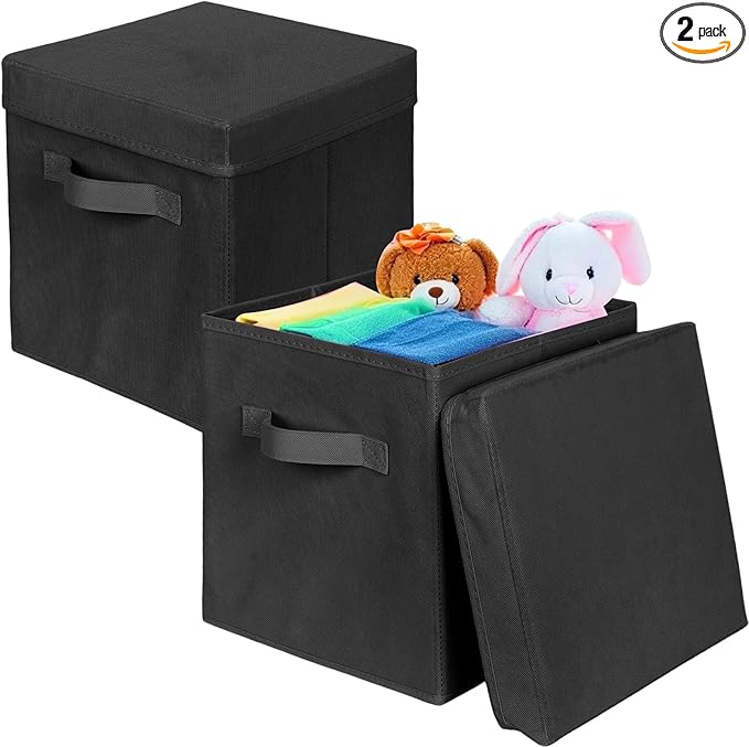 ShellKingdom Storage Bins, Foldable Fabric Storage Cubes with Lid, Clothes Storage Organizer Drawer For Closet Toys Storage, 10.5 X 10.5 X 11 INCH, 2 Pack (Black)