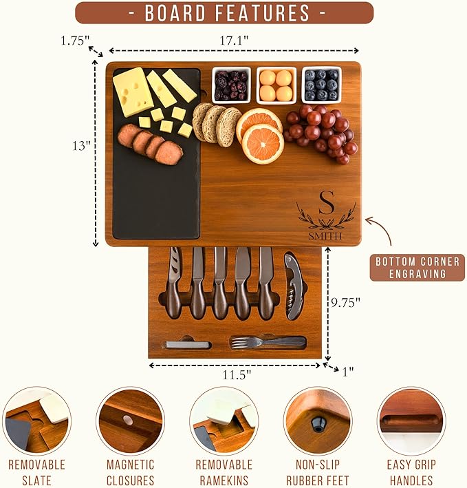 Personalized Charcuterie Board Set with Stainless Steel Knives – Custom Wedding, Bridal Shower, Anniversary, Engagement, Birthday Gift for Her, Women, Mom, Housewarming, Couples, Mother’s Day Gifts