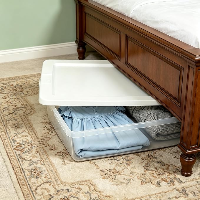 (2 Pack) 41 Quart Under Bed Storage Containers, Clear Rigid Plastic Underbed Storage Bins with Snap-On Lid, Stackable Flat Organizer Boxes for Bedroom Closet Home, White