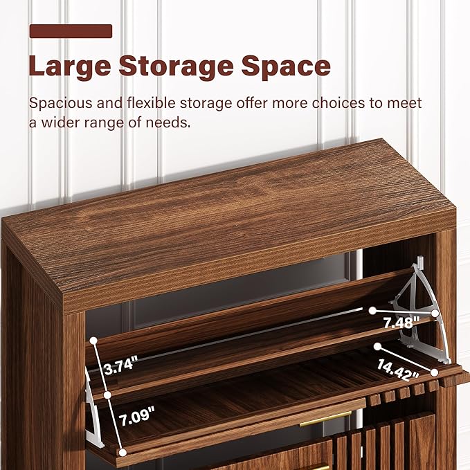 knoworld Shoe Storage Cabinet for Entryway with 2 Flip Drawers, 31.5" Narrow Fluted Shoe Organizer Cabinet, Slim Wooden Shoe Cabinet, Freestanding Hidden Shoe Cabinet for Entrance, Hallway (Walnut)