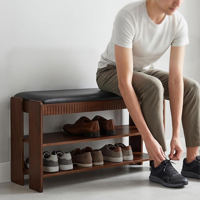 Shoe Bench with Cushion, Solid Wood 2 Tier Adjustable Storage Shoe Bench Rack for Entryway, Bedroom, Closet, Living Room, Hallway