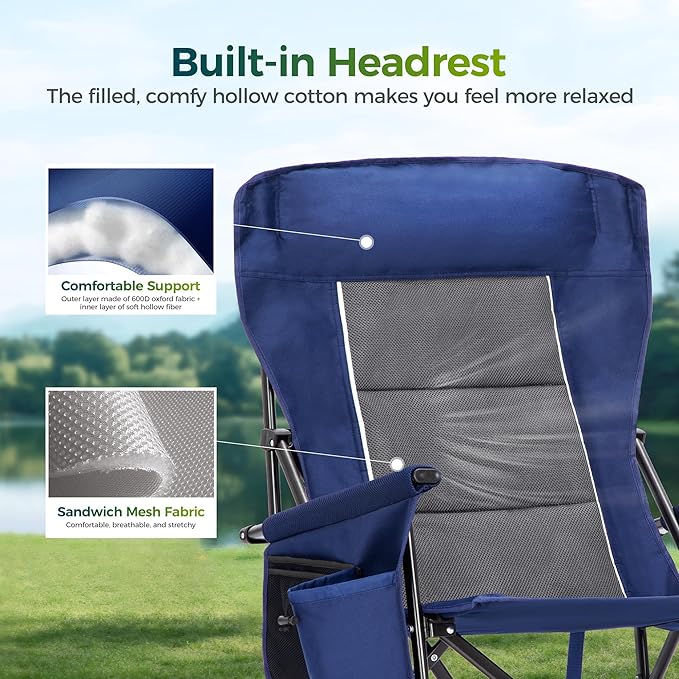 ALPHA CAMP Oversized Folding Camping Chairs High Backrest Heavy Duty Lawn Chairs for Adults Support 500 LBS Portable Camp Chairs with Cup Holders Large Side Pocket Outdoor Chair 2 Pack