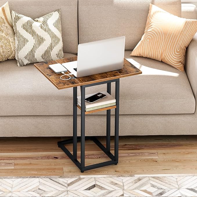 HOOBRO Foldable C Shaped End Table, C Shaped Side Table with Storage Shelf, Small Snack Table, Slide Under Couch Table for Sofa, Living Room Bedroom Small Spaces Easy Assembly, Rustic Brown BF29SF01