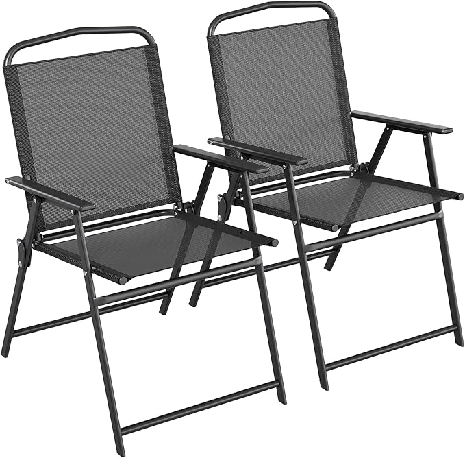 TLSUNNY Patio Folding Chairs Set of 2, Portable Dining Lawn Chairs, Outdoor Folded Furniture W/Breathable Textilene & Steel Frame, Armrests & Crossbar, All Weather for Pool, Camping (2, Black)
