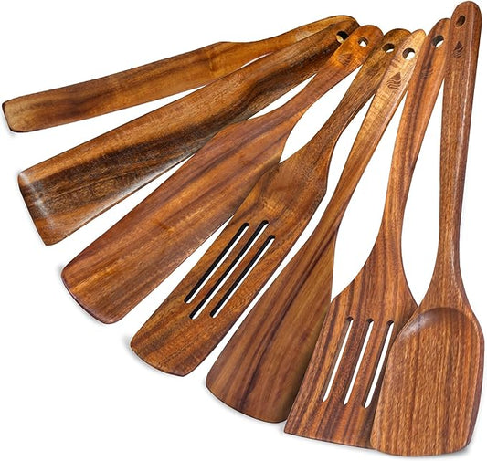 7 PCS Wooden Spatula for Cooking, Natural Teak Wooden Utensil Set, Non-Toxic Wood Cooking Utensil, Handmade Comfort Grip Wood Spoons for Nonstick Cookware