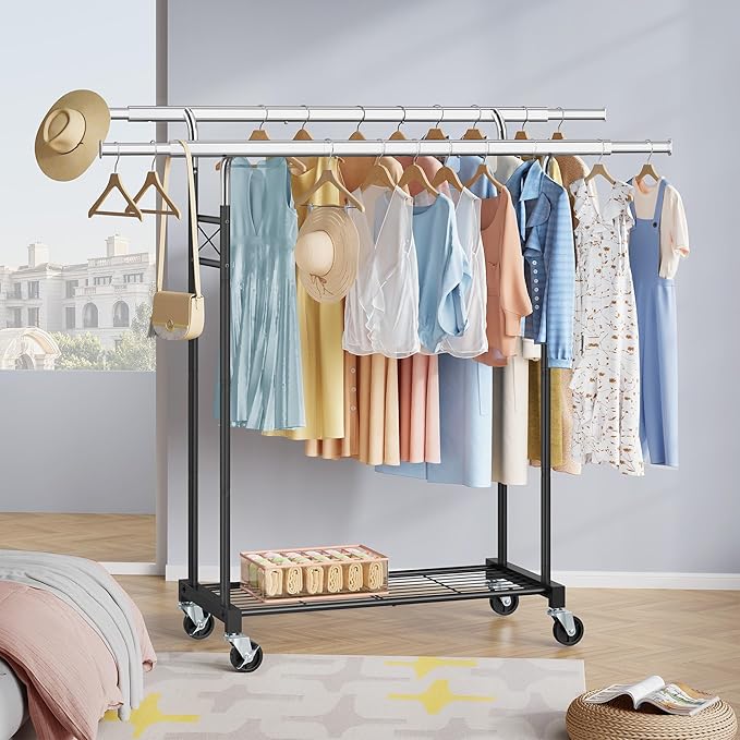 FAVOOSTY Clothes Rack for Hanging Clothes Double Rods, Rolling & Extending Clothing Rack with Wheels, Garment Coat Rack Freestanding, Portable Clothes Rack, Black