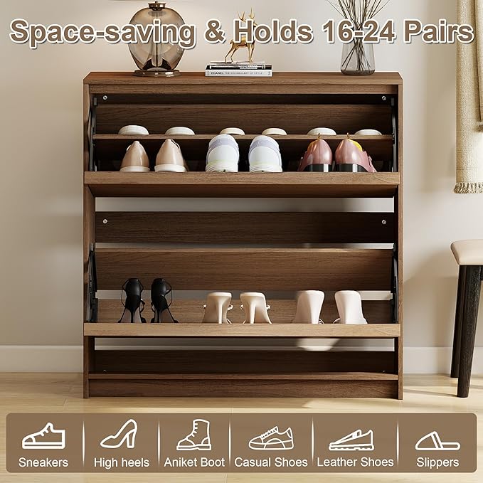 Shoe Cabinet with 2 Flip Drawers, Modern Narrow Shoe Storage Cabinet Organizer with Adjustable Shelf, Hidden Freestanding Shoe Rack for Entryway, Hallway, Living Room, Walnut