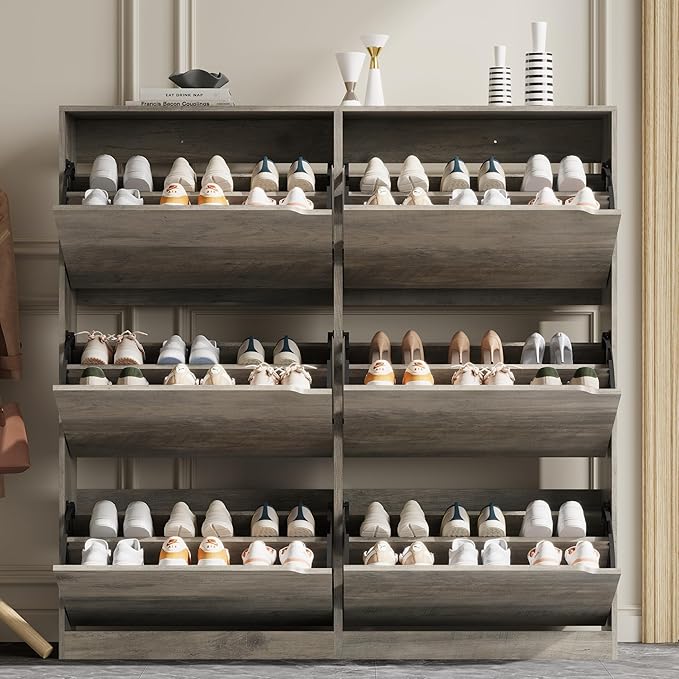 Xixini Shoe Storage Cabinet for Entryway with 6 Flip Drawers, Sturdy Wood Hidden Shoe Storage, Freestanding Narrow Slim Shoe Organizer for Front Door Entrance, Living Room, Hallway, Bedroom, Grey