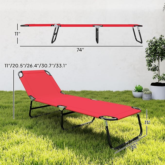 Outsunny Folding Chaise Lounge Pool Chairs, Outdoor Sun Tanning Chairs with 5-Level Reclining Back, Steel Frame for Beach, Yard, Patio, Red