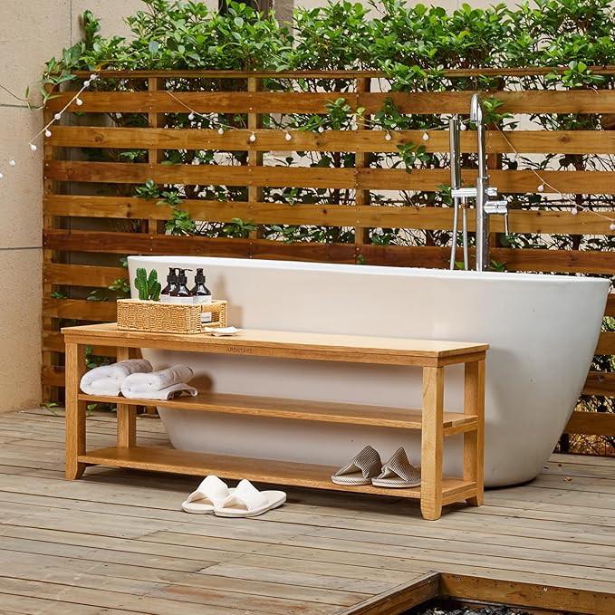 Shoe Rack Storage Bench, 2-Tier Solid Wood Heavy Duty Shoe Organizer Shelf for Entryway, Hallway, Mudroom, Living Room,Bedroom (Natural, 11.81"x 45.7"x 16.54")