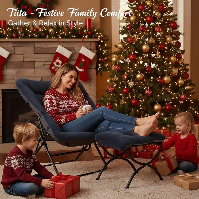 Tiita Folded Chair with Ottoman, Soft Faux Fur Oversized Folding Accent Chair,Lazy Chair, Metal Frame Moon Chair for Bedroom, Living Room, Dorm Rooms, Garden and Courtyard