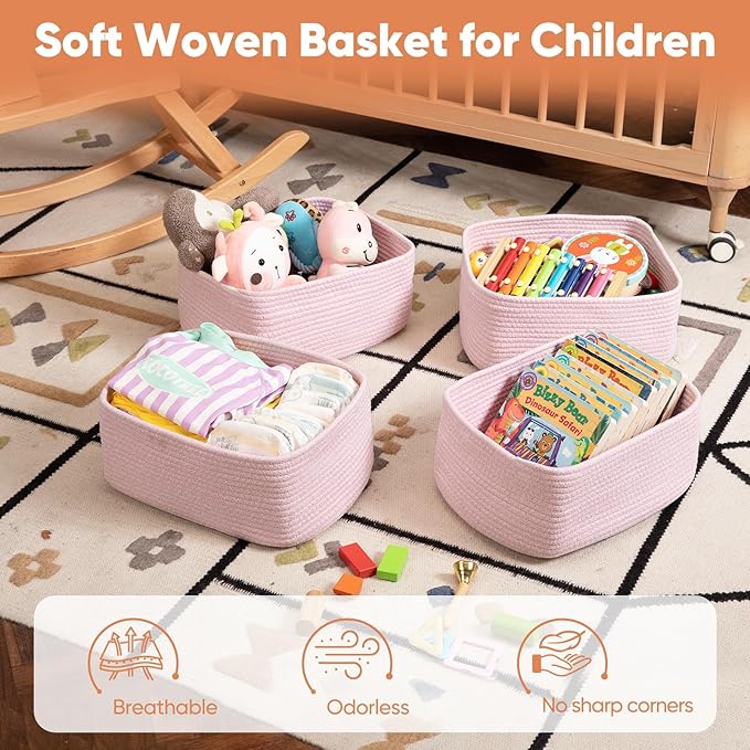OIAHOMY 4 Pack 14.17 * 11.02 * 6.3IN Storage Baskets for Organizing Shelves, Woven Rope Baskets for Organizing Books, Clothes, Decorative Basket for Living Room, Nursery, Bedroom, Gift Basket, Pink