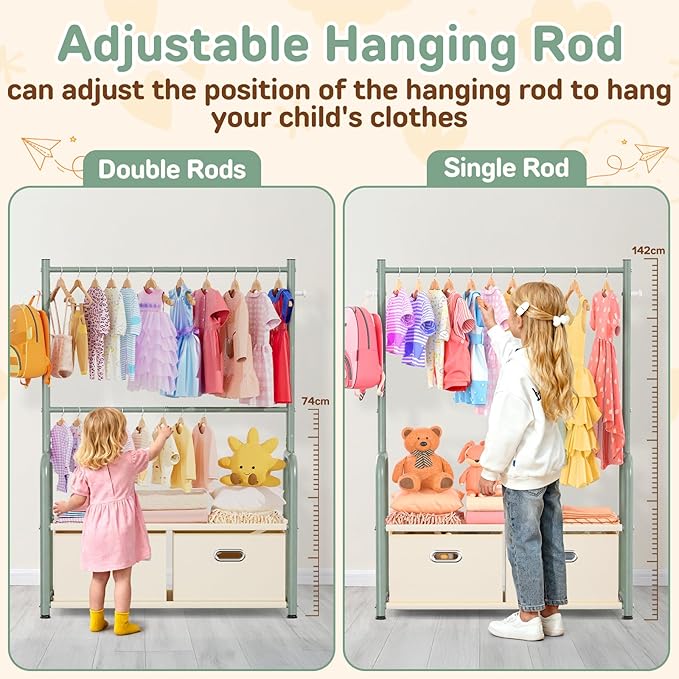 Kids Clothes Rack with 2 Tier Storage Racks and 2 Adjustable Hanging Poles, Small Baby Closet Organizer for Hanging Clothes, Kids Dress Up Rack (Upgrad, Green)