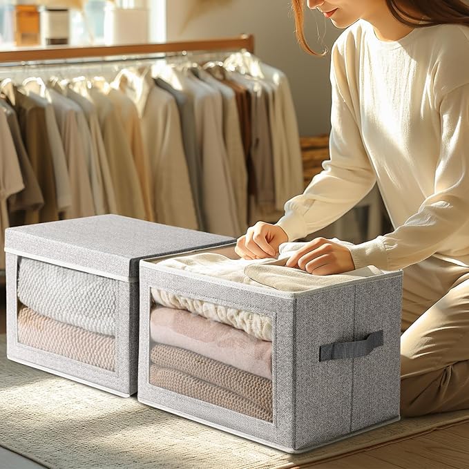 Homsorout Large Storage Baskets Bins with Lids - Stackable Cube Bins for Closet, 3 Pack Windows Organizer Bins, Home Organizers and Storage for Clothes, CD, Towels, Light Grey