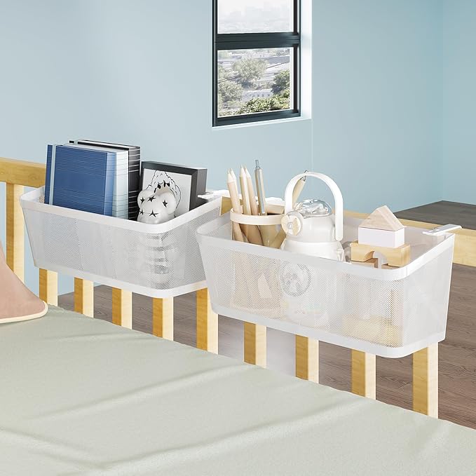 2 Pack Bedside Caddy Organizer, White Metal Hanging Storage Baskets for Bed Rail and Headboard, Bunk Bed Shelves, College Dorm Room Essentials, Holds Phones, Books, Tablets and Bottles (Extra Large)