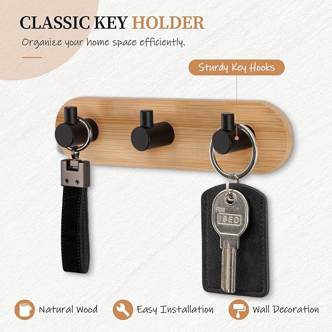 Nekon Bamboo Key Holder for Wall, Wall Mount Key Organizer with 3 Hooks, Decorative Coat Rack for Entryway, Kitchen, Bedroom, Bathroom (Black Hooks)
