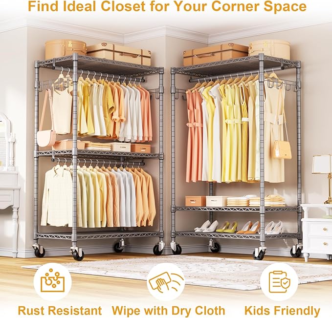 ULIFHOME P1 Rolling Clothing Rack with Lockable Wheels, Heavy-Duty Garment Rack for Hanging Clothes, Portable Closet Wardrobe with Shelves, 35.5" W x 15.7" D x 80.5" H, Hold 500lbs, Grey