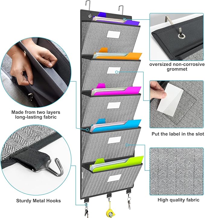 Over the Door File Organizer, Hanging File Folders, Wall Organizers and Storage for Mail, Magazine, Notebooks, Planners, Office, Classroom, 5 Extra Large Pockets, 50.39” Tall (Grey with Herringbone)
