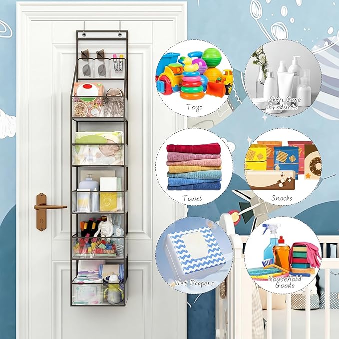 Fixwal 6-Shelf Over The Door Hanging Pantry Organizer Hanging Storage with Clear Plastic Pockets Behind The Door Storage Organizer with 3 Small PVC Pockets for Closet Bedroom Bathroom (Grey)