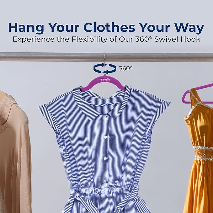 SereneLife 100 Pack Premium Velvet Hangers, Ultra Thin Non Slip Adult Felt Space Saving Hangers, for Closet Heavy Duty Coat, Pants, Jackets, Dress Hangers, 360° Swivel Hook Hold Upto 10 lbs (Purple)
