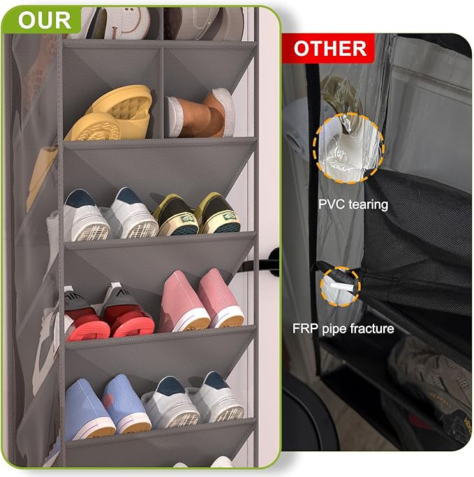 Door Shoe Organizer, Over The Door Hanging Shoe Rack with Large Pockets, Space Saving Shoe Storage for Closet, Entryway, Bedroom, Shoe Holder for Men Women Kids (Grey)