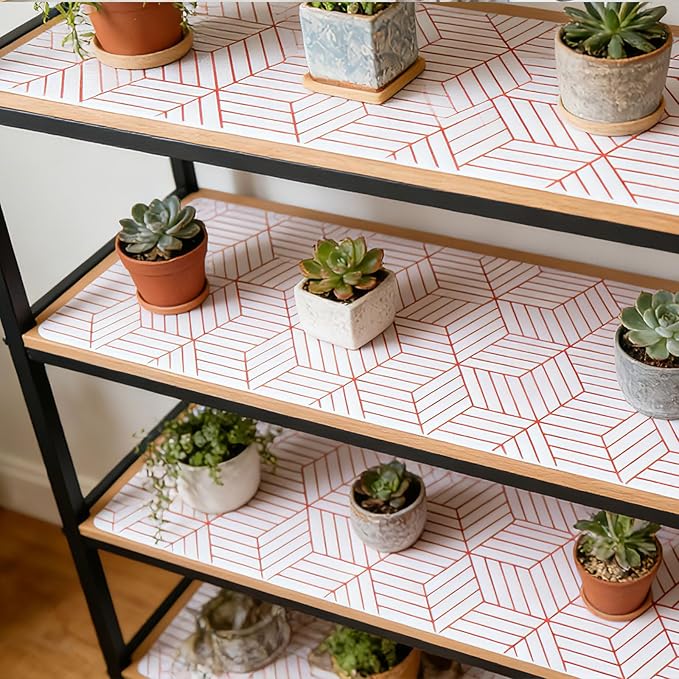 Red Geometric Pattern Shelf Liner, Non-Adhesive Non-Slip Thickened Drawer Liner, Easy to Clean Contact Paper for Kitchen Cabinets, Tool Box, Refrigerator, Includes Knife & Tape .12×236.22inches.
