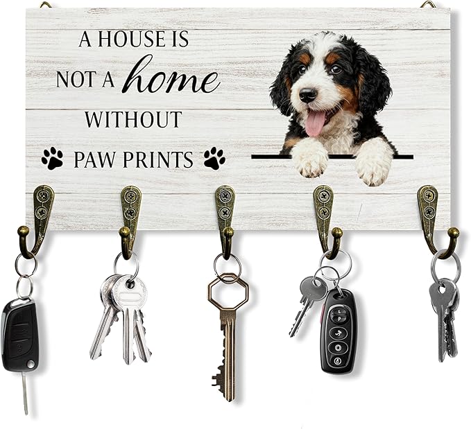 Bernedoodle Gifts Dog Key Holder for Wall 10"x5.12", Gifts for Bernedoodle Lovers Owners Key Hanger Wall Mount, Not A Home Without Paw Prints Dog Wooden Hanging Keys Holder Decor for Entryway
