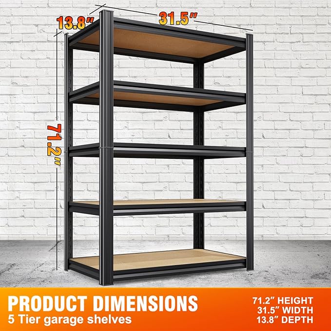 Storage Shelves,Adjustable Shelving Unit,5T Wood Garage Shelving ,Heavy Duty Garage Storage Shelves, Quick-Install Metal Shelving Unit Utility Rack Shelf for Warehouse, Pantry71.2’H*31.5’W*13.8’D