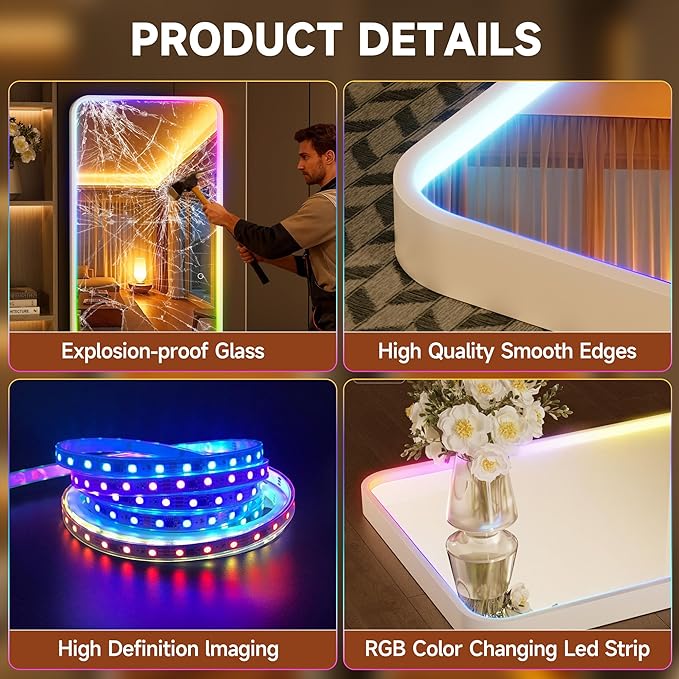Hasipu 43"x16" LED RGB Bluetooth Door Mirror Full Length, Full Body Full Length Over The Door Mirror with Lights, Door Hanging & Wall Mounted Mirror for Bedroom, Living Room, Cloakroom