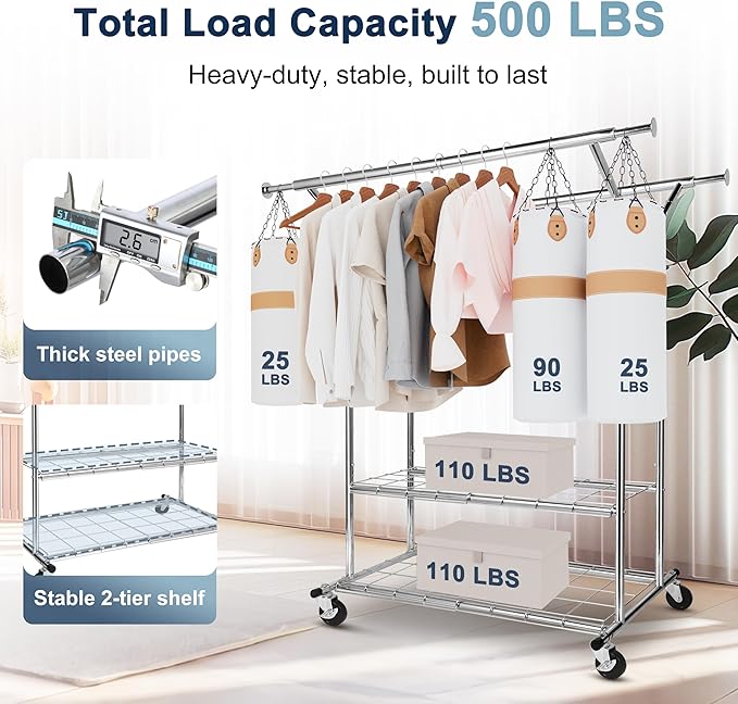 Whitmor Heavy Duty Clothing Rack, Adjustable & Extendable Rolling Garment Rack with Lockable Wheels, Double Rod Clothing Racks with 2 Bottom Shelves, Max Load 500LBS for Hanging Clothes, Chrome