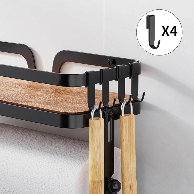 Taozun Paper Towel Holder Wall Mount, Kitchen Paper Holder Spice Rack Black Paper Towel Roll Holder RV Paper Towel Rack with 4 Hooks(2 Installation Methods - Self-Adhesive and Drilling)