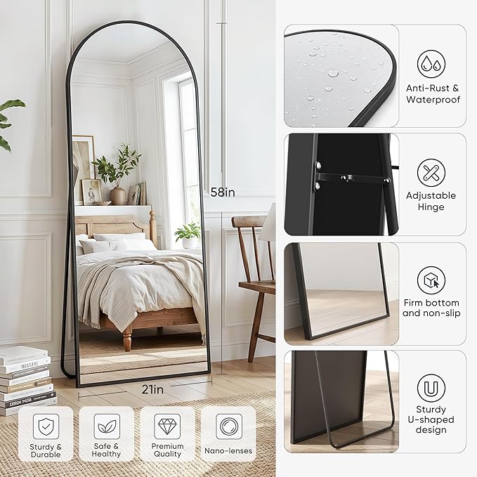 Full Length Mirror, 58"x21" Arched Floor Mirror Freestanding, Floor Standing Full Body Mirror with Stand for Bedroom, Hanging Mounted for Living Room Cloakroom, Black