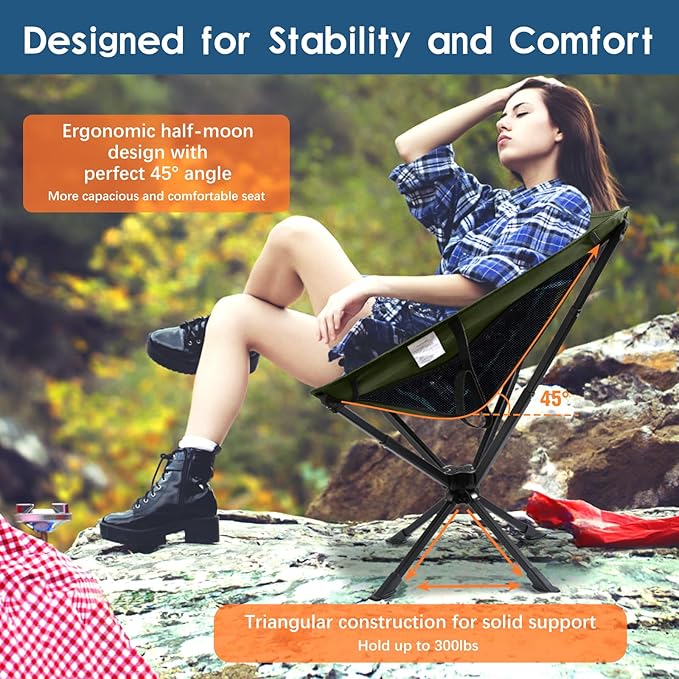 Raynesys 2 Pack Portable Camping Chair, Flexible 360° Rotation, 8 Seconds Quick Setup Folding Camping Chair, 3.8Lb Lightweight Travel Chairs for Easy Carry to Hiking, Sporting, Beach, Army Green