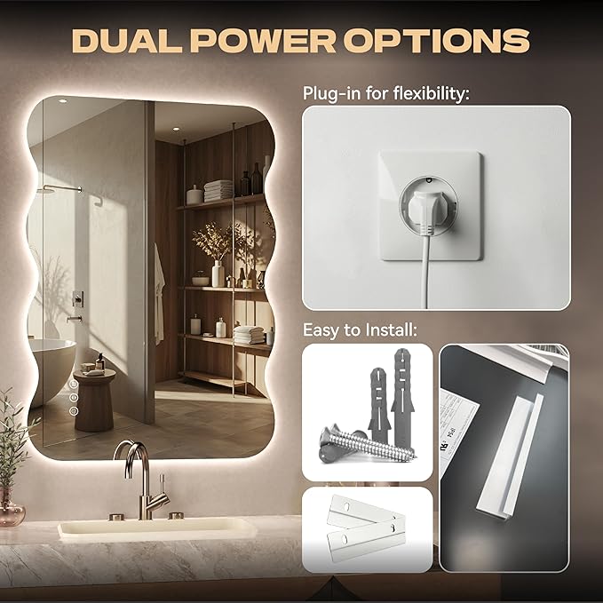 Hasipu Wavy Full Length Mirror with Lights - 60"×36" LED Wavy Floor Mirror, Frameless, Dimmable, Standing or Vertical/Horizontal Wall-Mounted Mirror for Bedroom, Living Room, Cloakroom